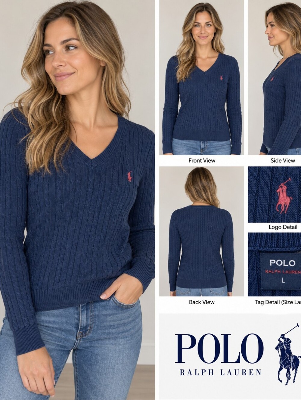 Ralph Lauren Navy Cable V-Neck Sweater with Pink Pony